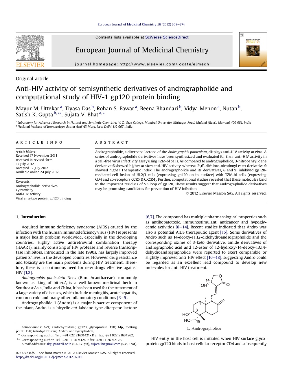 Anti-HIV activity of semisynthetic derivatives of andrographolide and computational study of HIV-1 gp120 protein binding