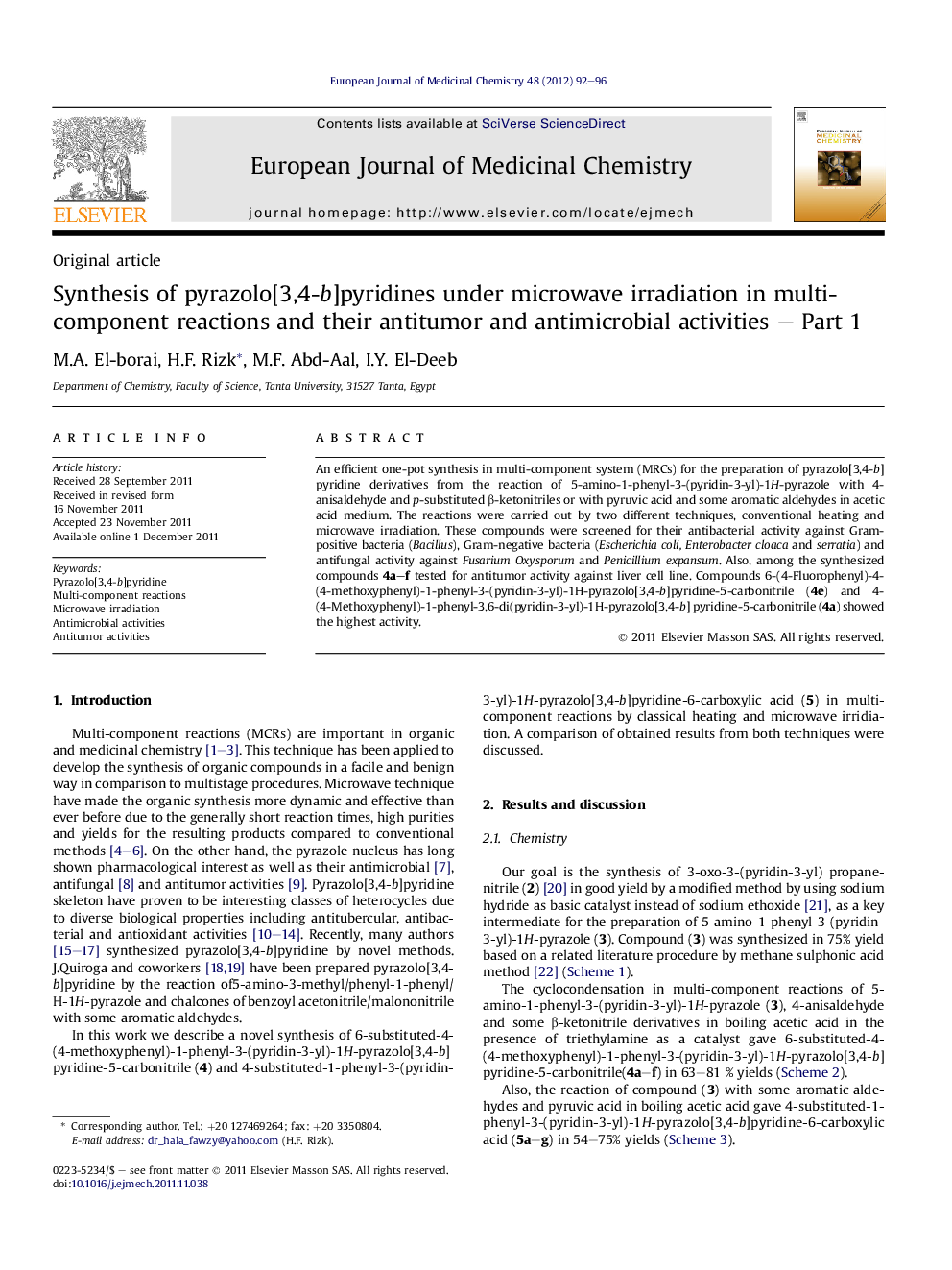 Synthesis of pyrazolo[3,4-b]pyridines under microwave irradiation in multi-component reactions and their antitumor and antimicrobial activities – Part 1