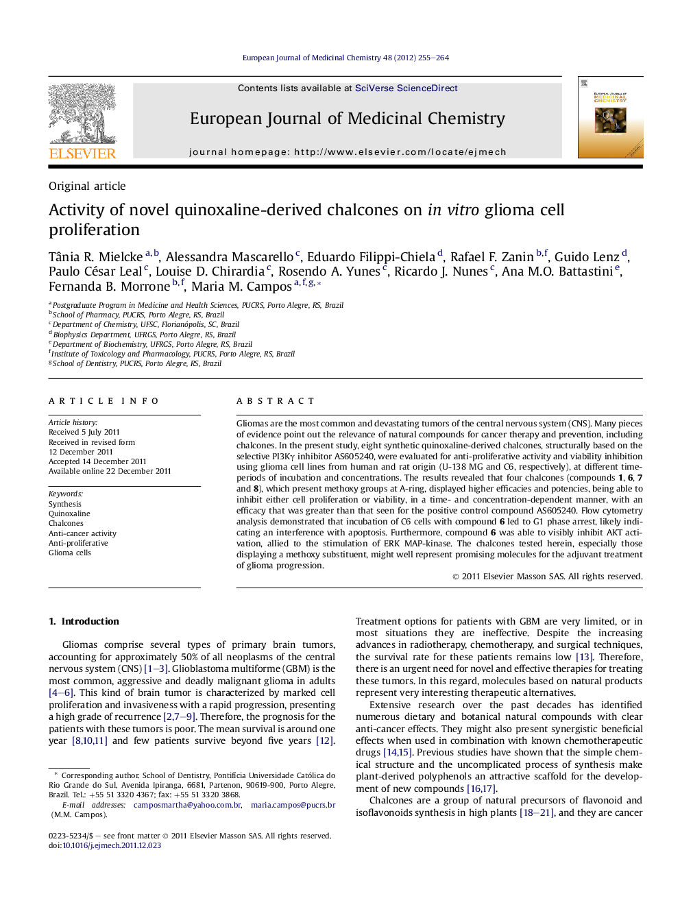 Activity of novel quinoxaline-derived chalcones on in vitro glioma cell proliferation