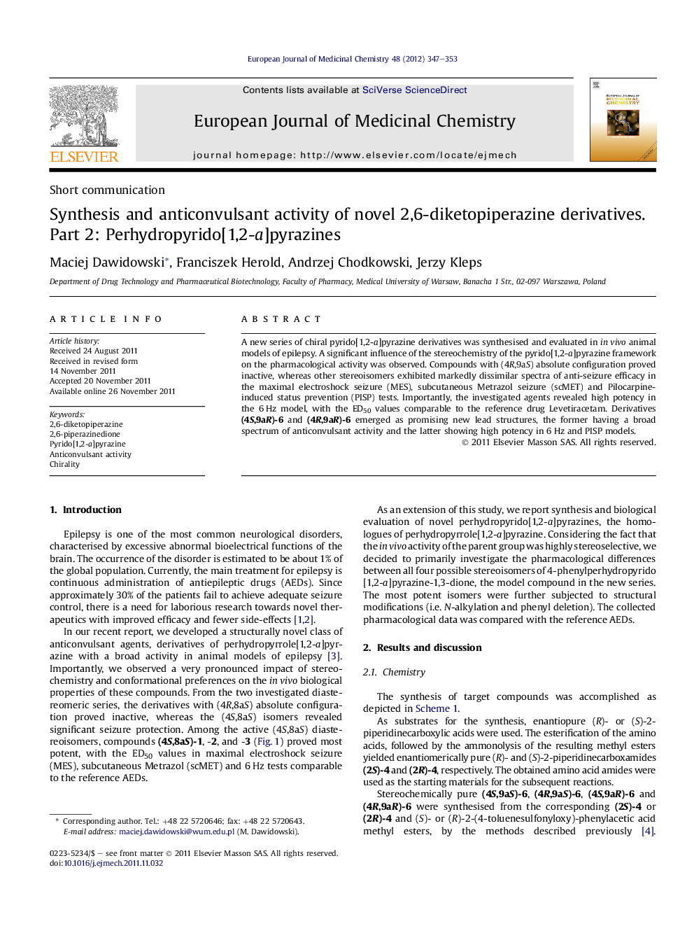 Synthesis and anticonvulsant activity of novel 2,6-diketopiperazine derivatives. Part 2: Perhydropyrido[1,2-a]pyrazines