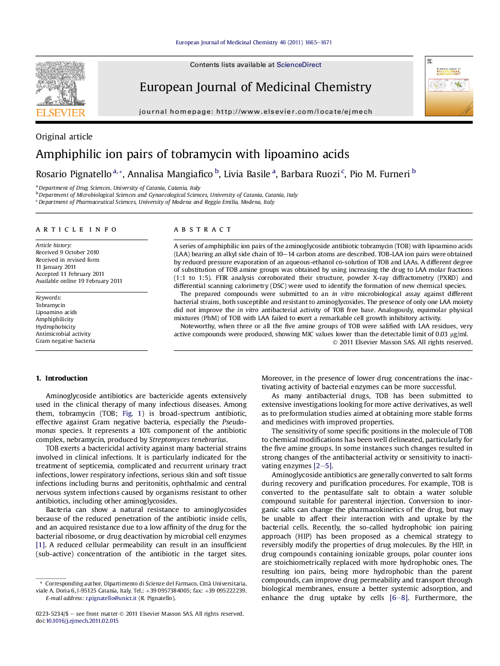 Amphiphilic ion pairs of tobramycin with lipoamino acids