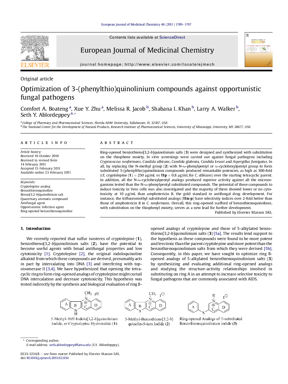 Optimization of 3-(phenylthio)quinolinium compounds against opportunistic fungal pathogens