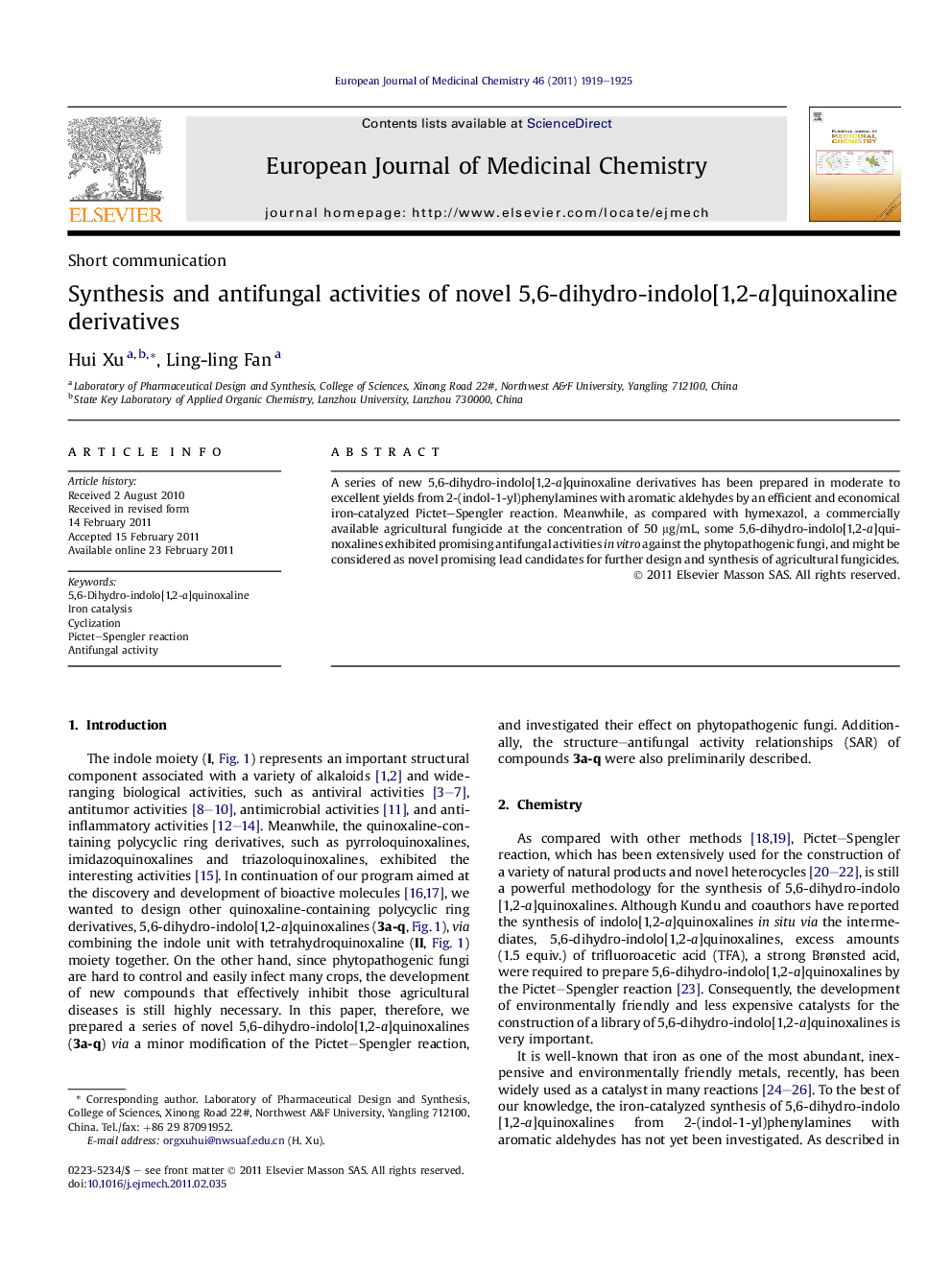 Synthesis and antifungal activities of novel 5,6-dihydro-indolo[1,2-a]quinoxaline derivatives