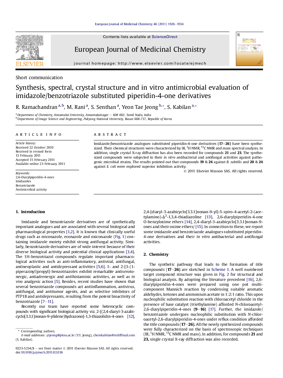 Synthesis, spectral, crystal structure and in vitro antimicrobial evaluation of imidazole/benzotriazole substituted piperidin-4-one derivatives