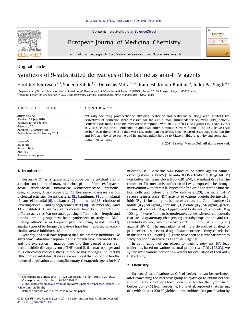 Synthesis of 9-substituted derivatives of berberine as anti-HIV agents