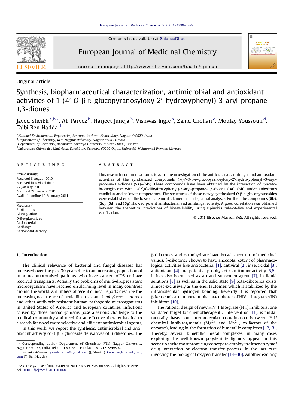 Synthesis, biopharmaceutical characterization, antimicrobial and antioxidant activities of 1-(4′-O-β-d-glucopyranosyloxy-2′-hydroxyphenyl)-3-aryl-propane-1,3-diones