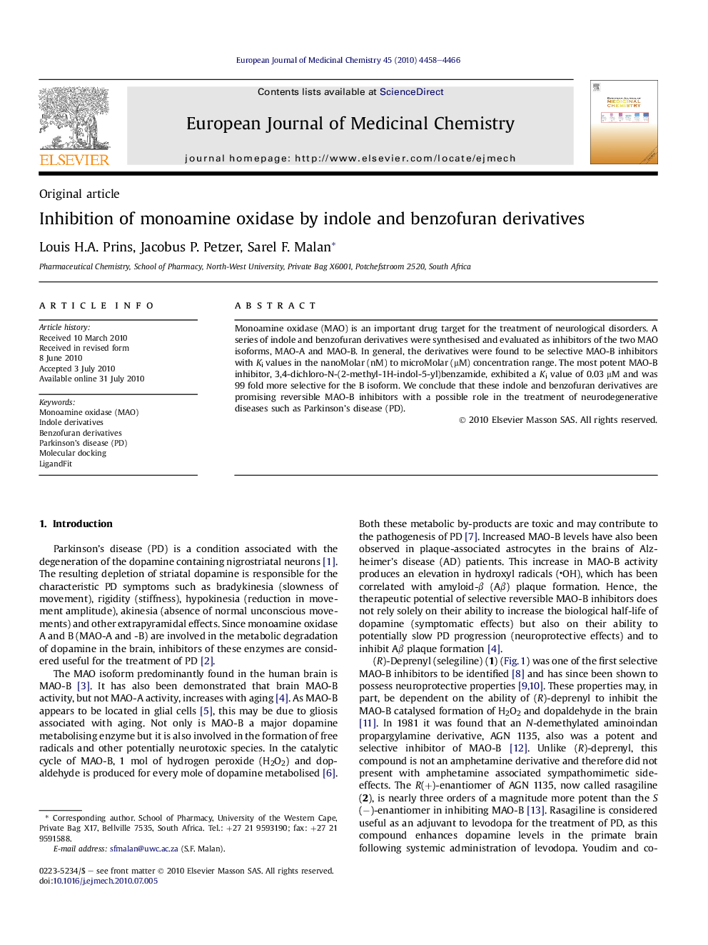 Inhibition of monoamine oxidase by indole and benzofuran derivatives