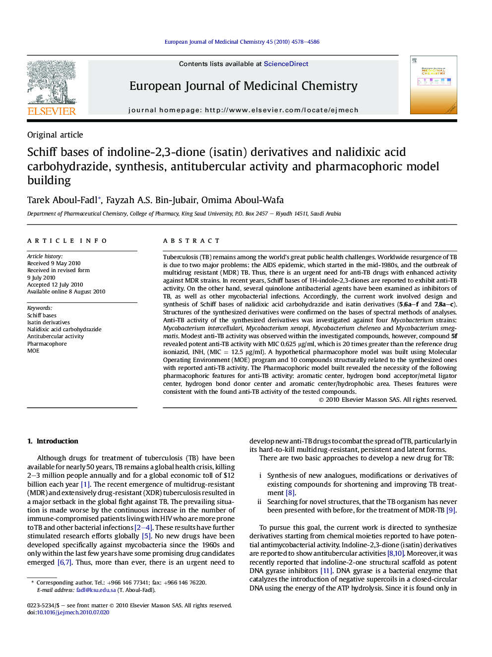 Schiff bases of indoline-2,3-dione (isatin) derivatives and nalidixic acid carbohydrazide, synthesis, antitubercular activity and pharmacophoric model building