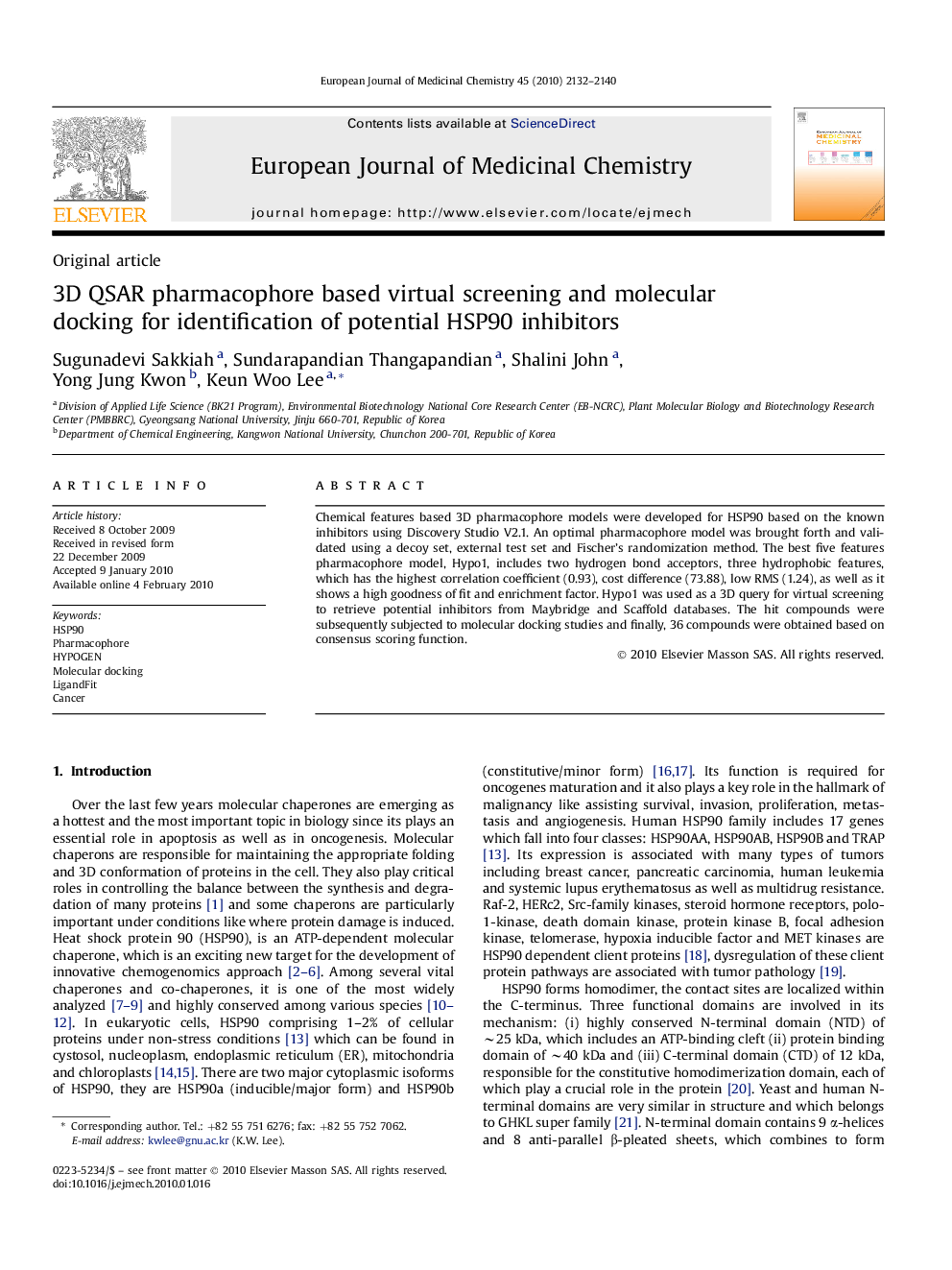 3D QSAR pharmacophore based virtual screening and molecular docking for identification of potential HSP90 inhibitors