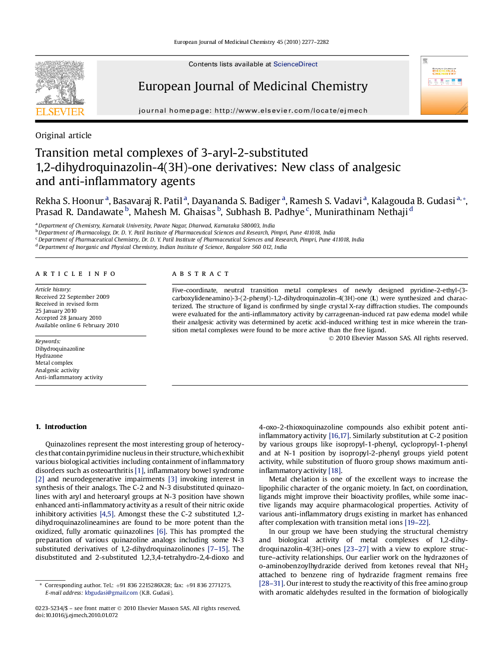 Transition metal complexes of 3-aryl-2-substituted 1,2-dihydroquinazolin-4(3H)-one derivatives: New class of analgesic and anti-inflammatory agents