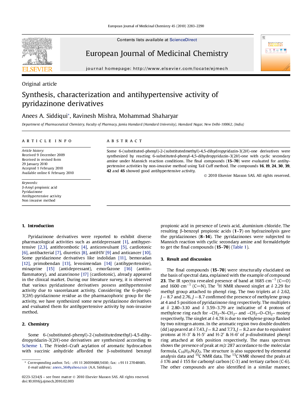 Synthesis, characterization and antihypertensive activity of pyridazinone derivatives