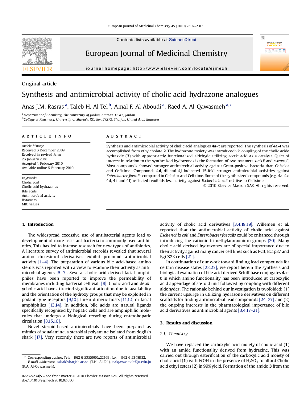 Synthesis and antimicrobial activity of cholic acid hydrazone analogues