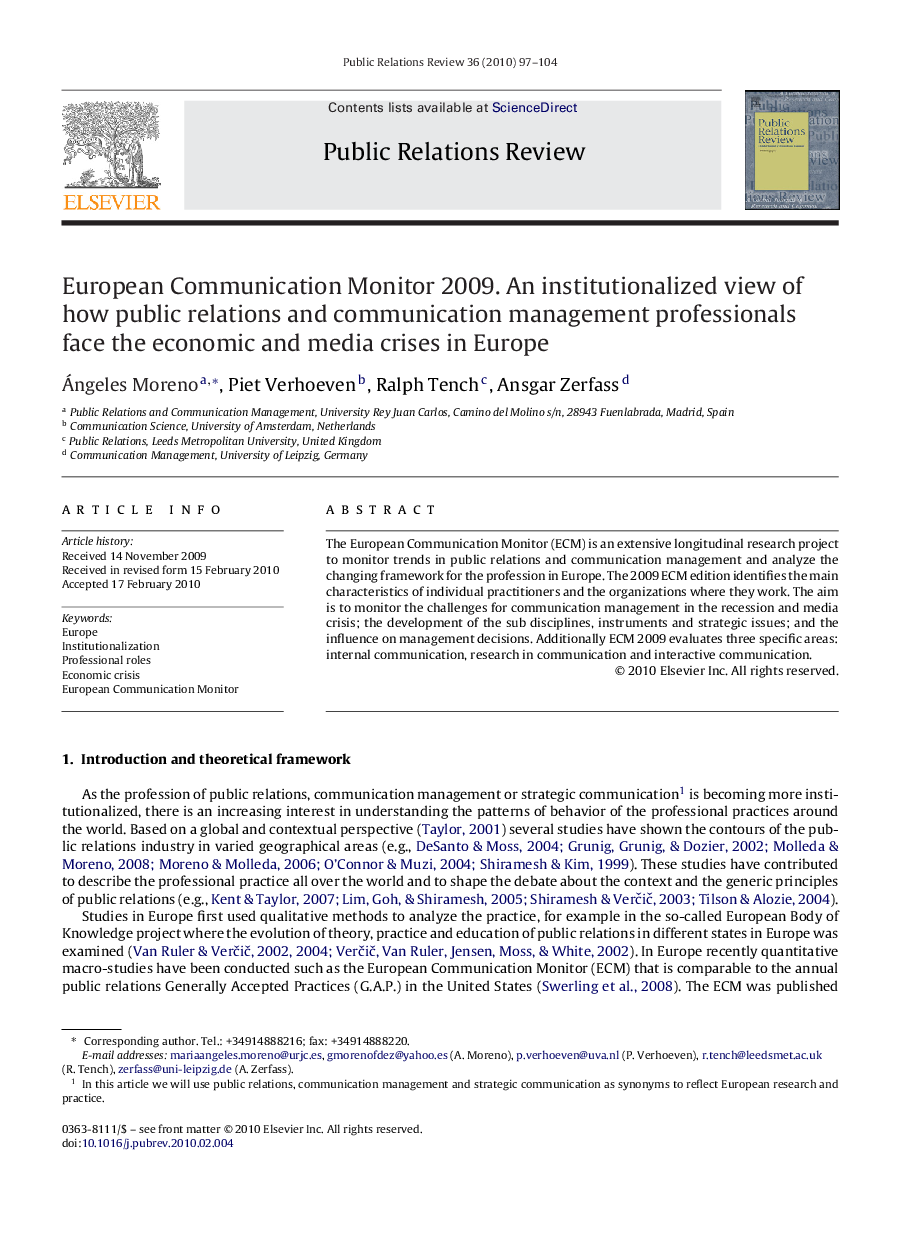 European Communication Monitor 2009. An institutionalized view of how public relations and communication management professionals face the economic and media crises in Europe