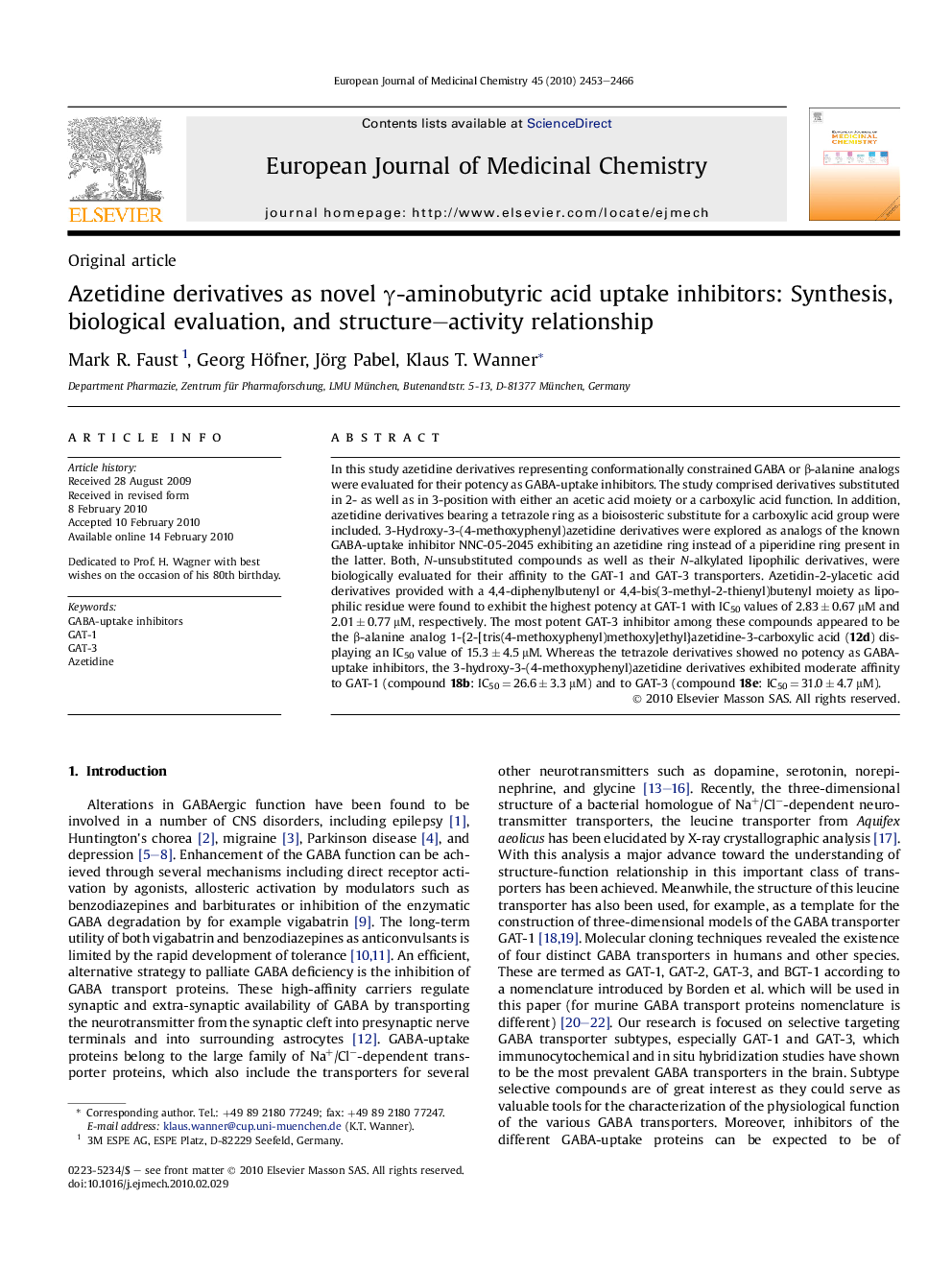 Azetidine derivatives as novel γ-aminobutyric acid uptake inhibitors: Synthesis, biological evaluation, and structure–activity relationship