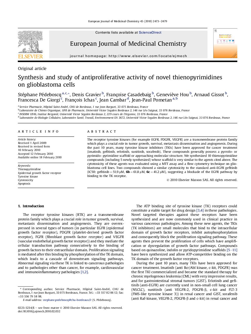 Synthesis and study of antiproliferative activity of novel thienopyrimidines on glioblastoma cells