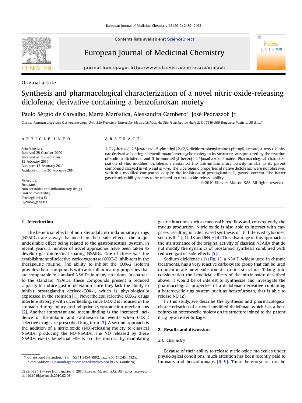 Synthesis and pharmacological characterization of a novel nitric oxide-releasing diclofenac derivative containing a benzofuroxan moiety