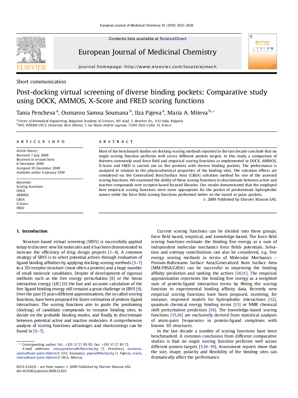 Post-docking virtual screening of diverse binding pockets: Comparative study using DOCK, AMMOS, X-Score and FRED scoring functions