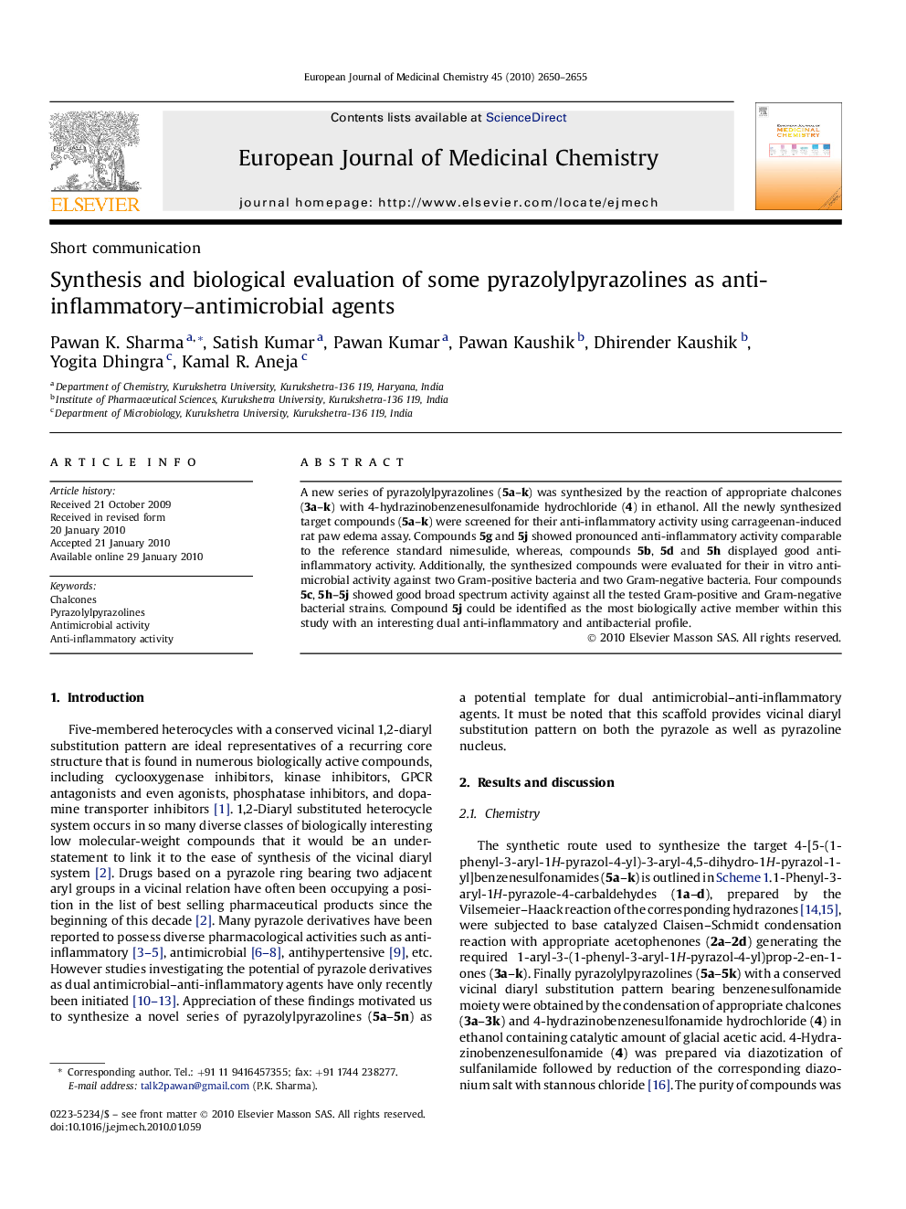 Synthesis and biological evaluation of some pyrazolylpyrazolines as anti-inflammatory–antimicrobial agents