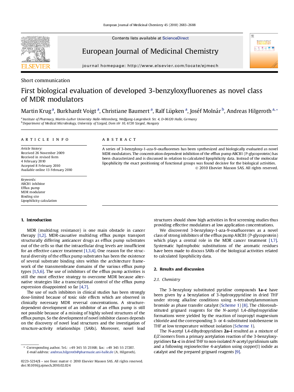 First biological evaluation of developed 3-benzyloxyfluorenes as novel class of MDR modulators