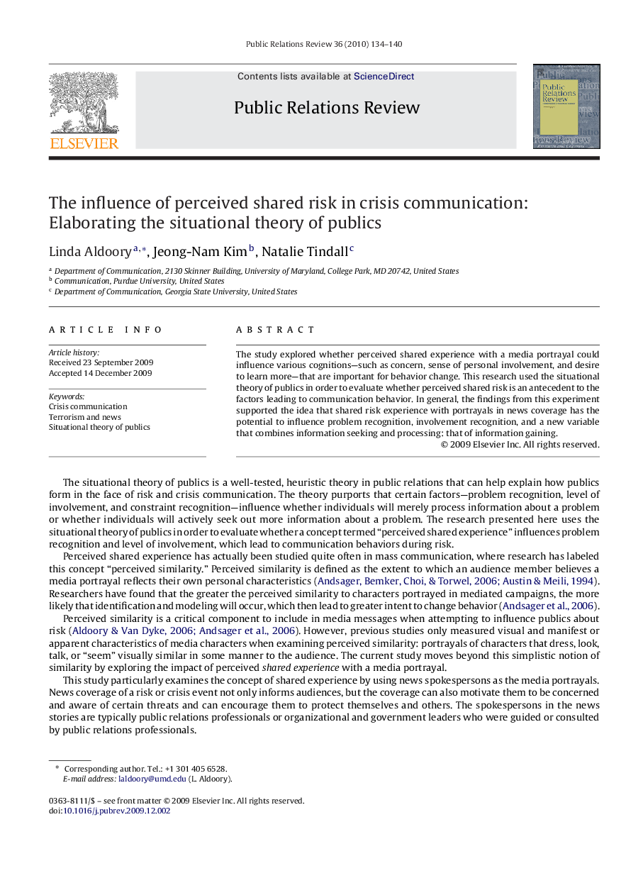 The influence of perceived shared risk in crisis communication: Elaborating the situational theory of publics