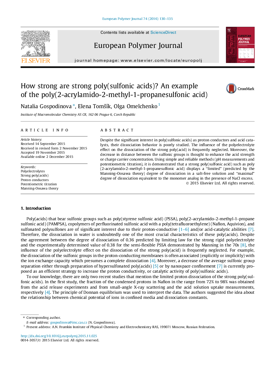 How strong are strong poly(sulfonic acids)? An example of the poly(2-acrylamido-2-methyl-1-propanesulfonic acid)