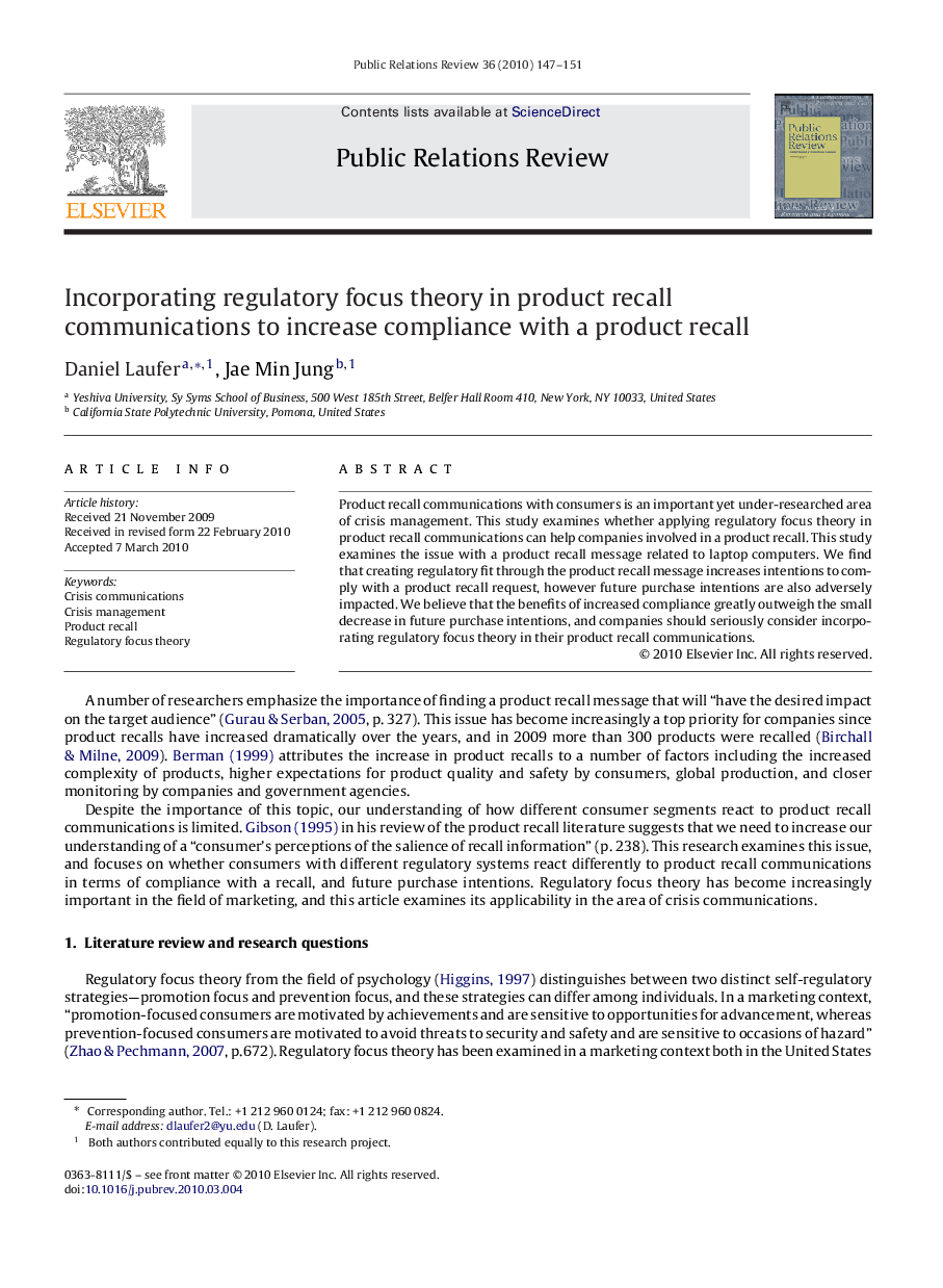 Incorporating regulatory focus theory in product recall communications to increase compliance with a product recall