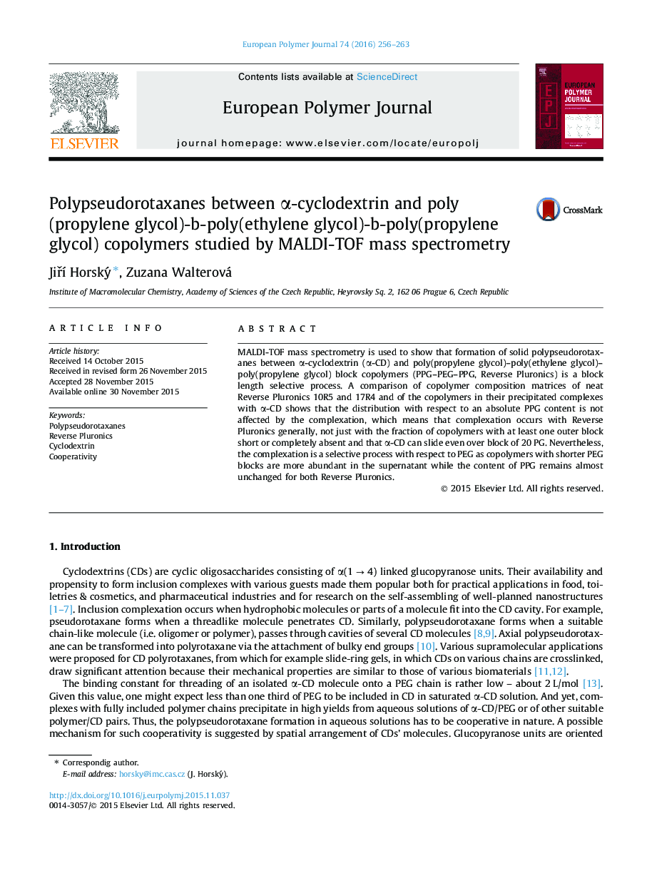 Polypseudorotaxanes between α-cyclodextrin and poly(propylene glycol)-b-poly(ethylene glycol)-b-poly(propylene glycol) copolymers studied by MALDI-TOF mass spectrometry