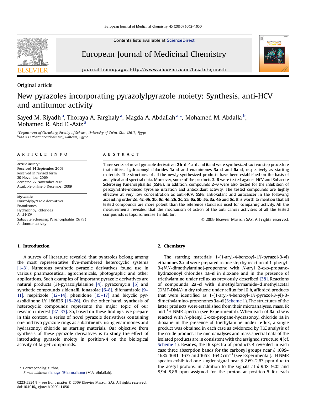 New pyrazoles incorporating pyrazolylpyrazole moiety: Synthesis, anti-HCV and antitumor activity