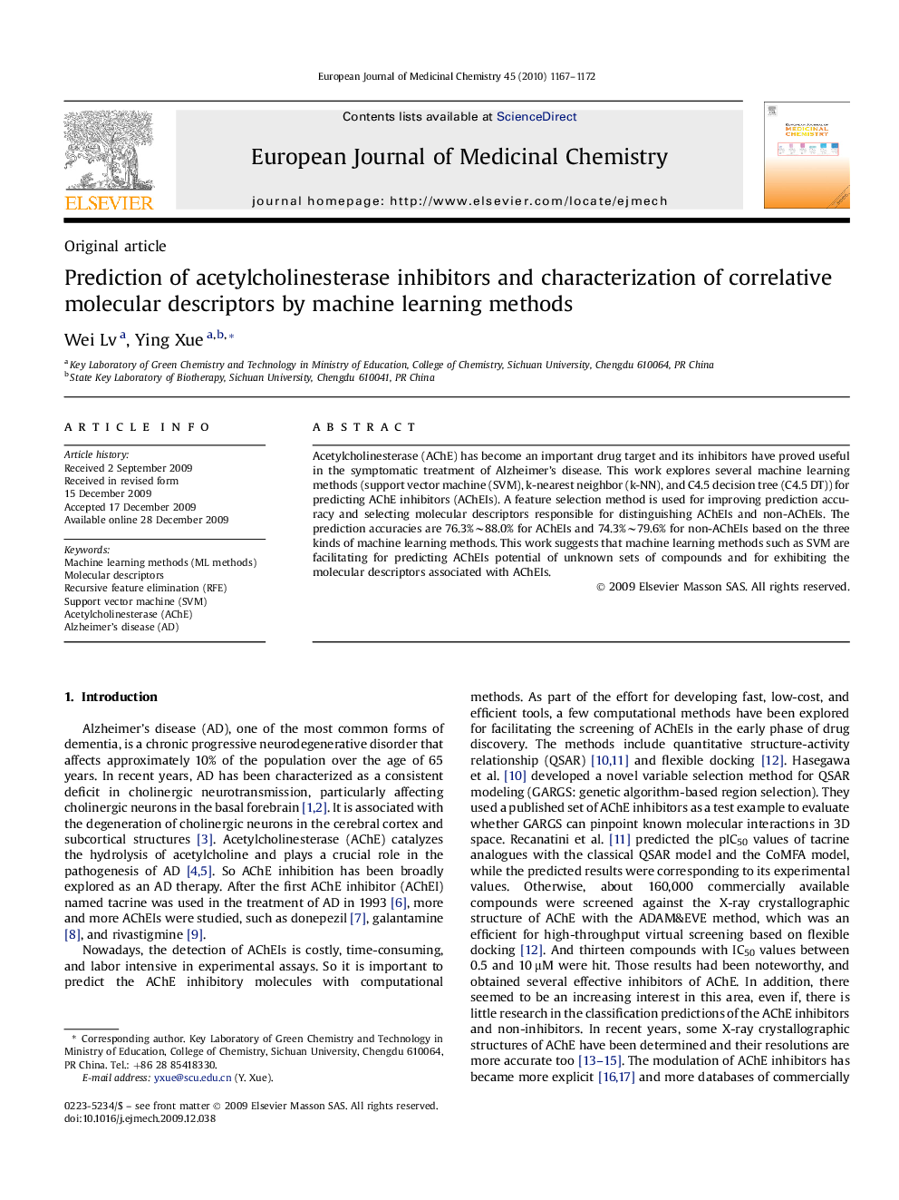 Prediction of acetylcholinesterase inhibitors and characterization of correlative molecular descriptors by machine learning methods