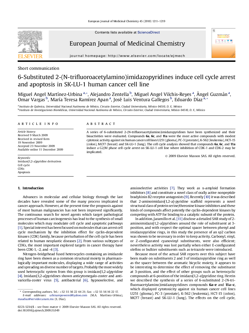 6-Substituted 2-(N-trifluoroacetylamino)imidazopyridines induce cell cycle arrest and apoptosis in SK-LU-1 human cancer cell line