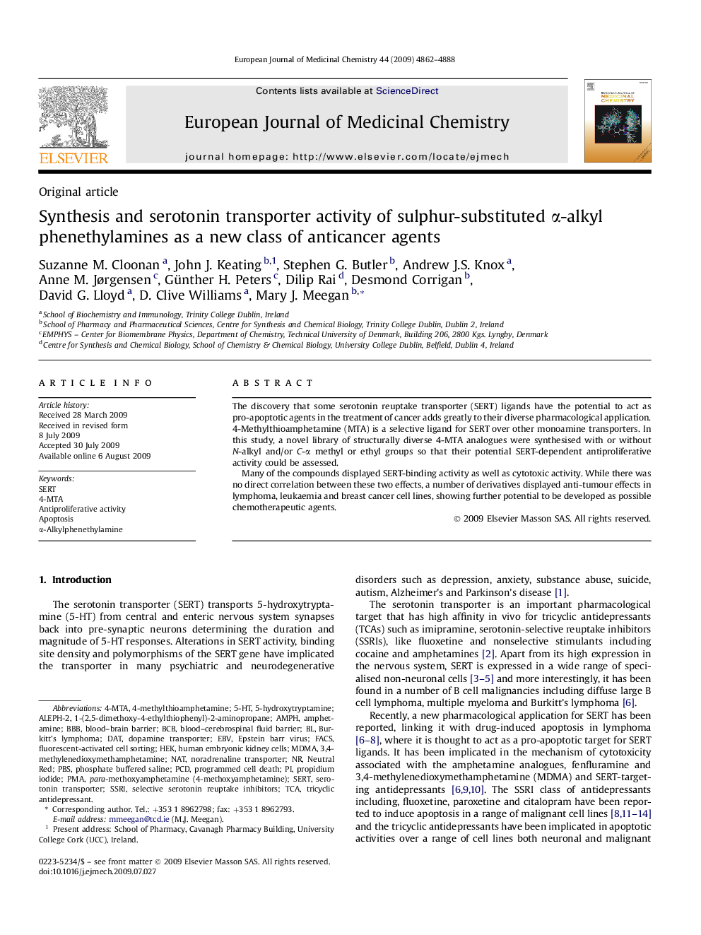 Synthesis and serotonin transporter activity of sulphur-substituted α-alkyl phenethylamines as a new class of anticancer agents