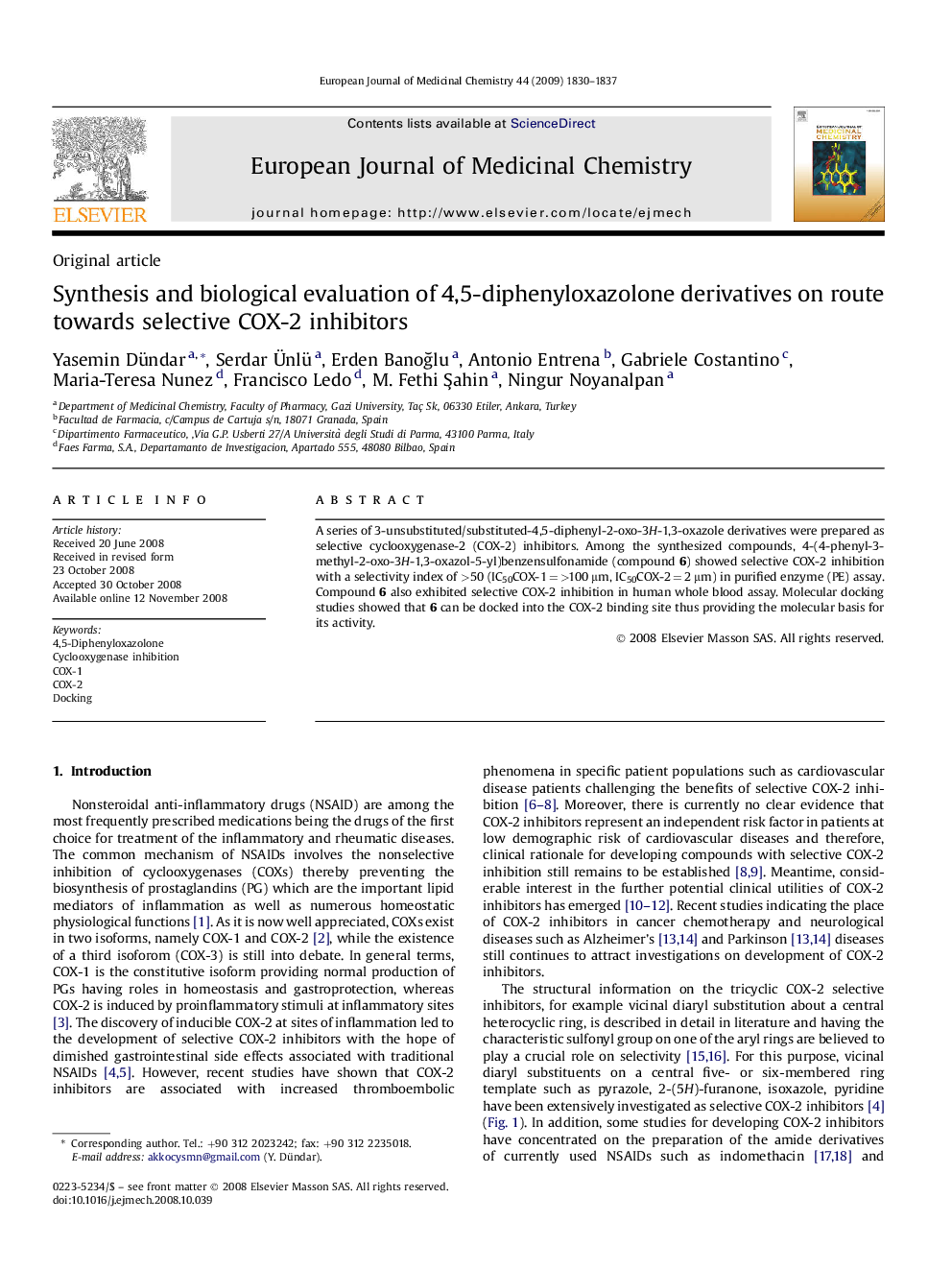 Synthesis and biological evaluation of 4,5-diphenyloxazolone derivatives on route towards selective COX-2 inhibitors