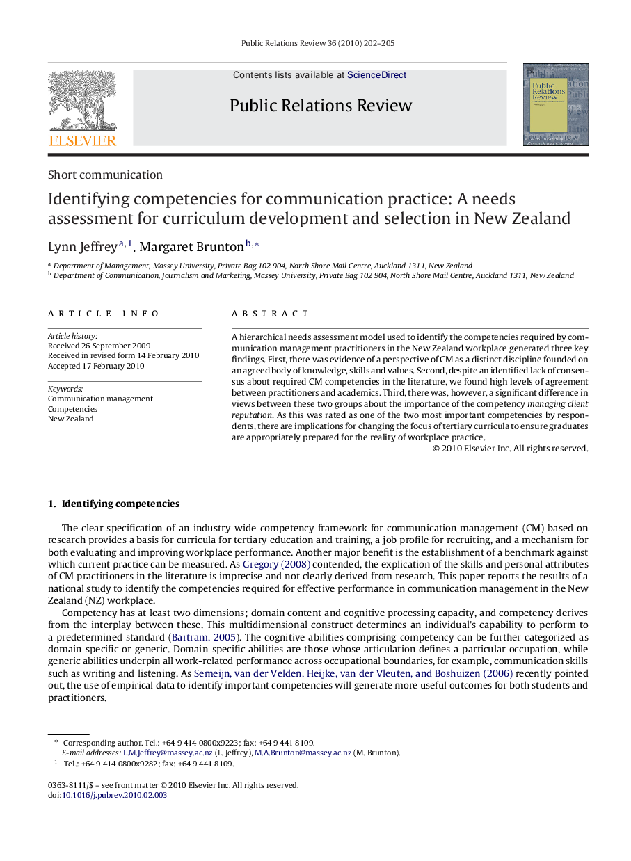 Identifying competencies for communication practice: A needs assessment for curriculum development and selection in New Zealand