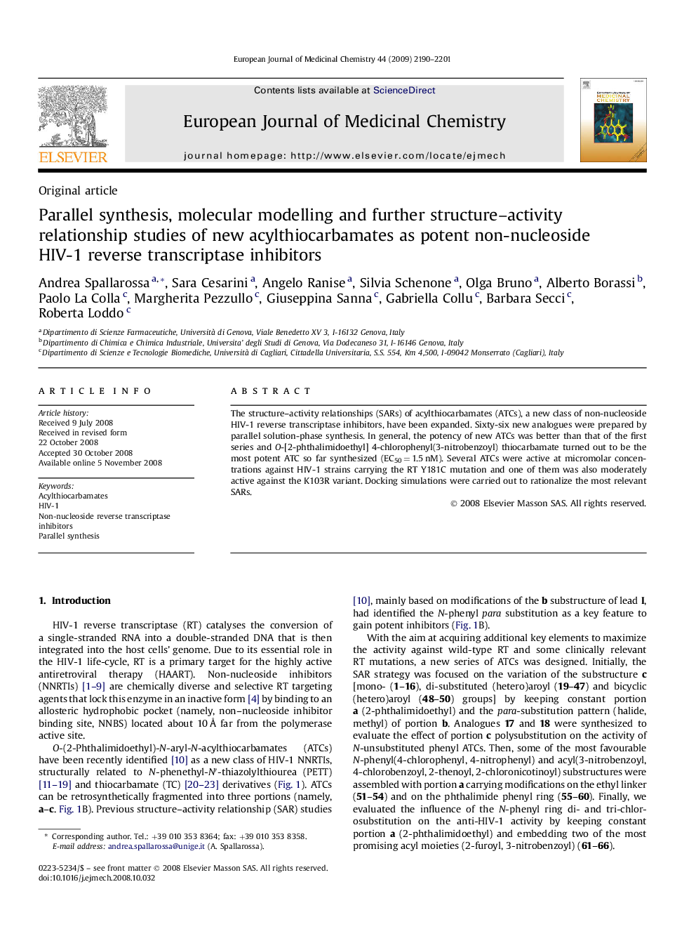 Parallel synthesis, molecular modelling and further structure–activity relationship studies of new acylthiocarbamates as potent non-nucleoside HIV-1 reverse transcriptase inhibitors