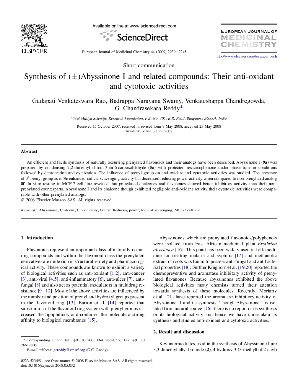 Synthesis of (±)Abyssinone I and related compounds: Their anti-oxidant and cytotoxic activities