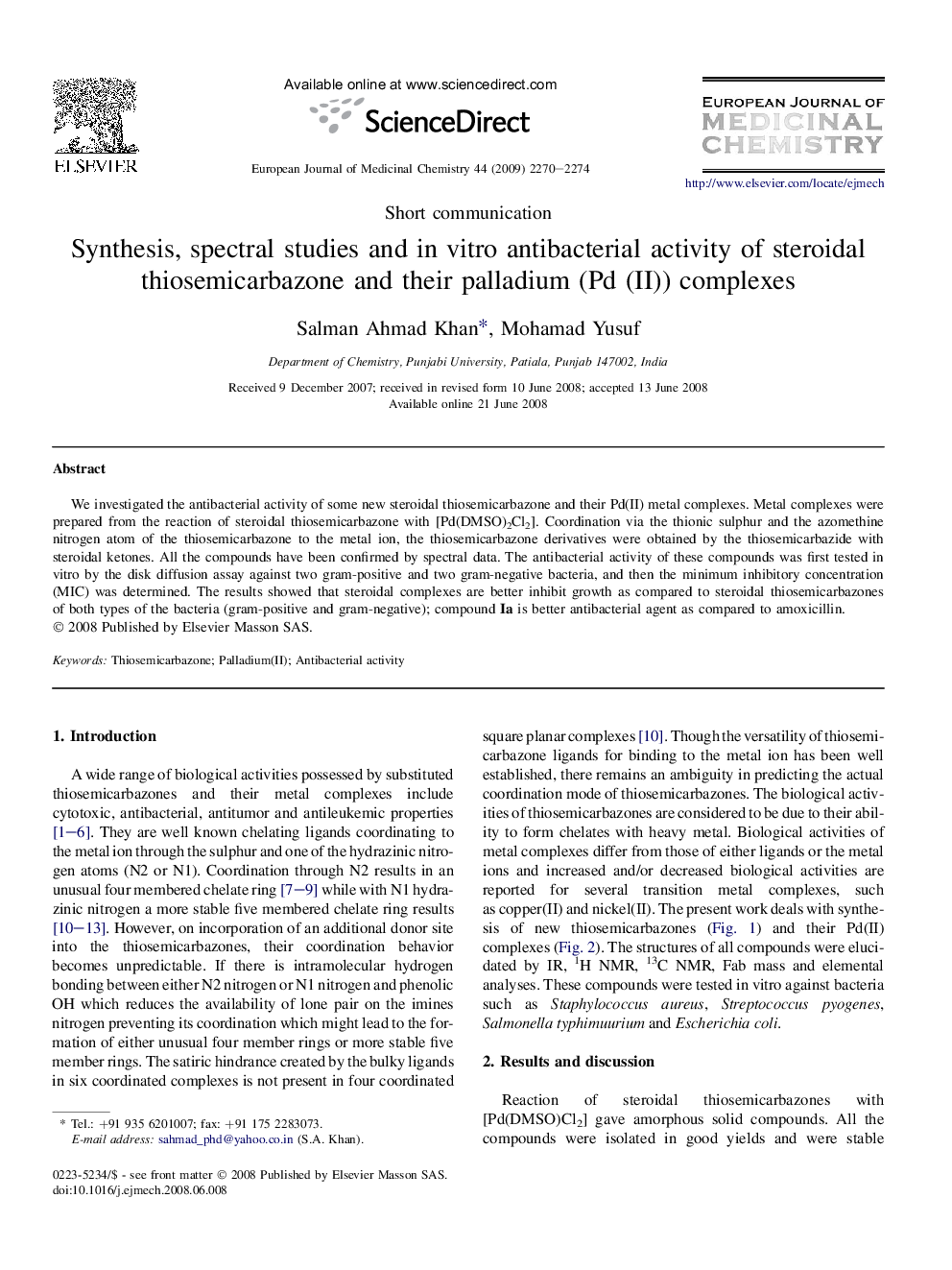 Synthesis, spectral studies and in vitro antibacterial activity of steroidal thiosemicarbazone and their palladium (Pd (II)) complexes