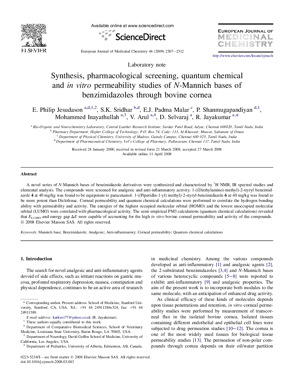 Synthesis, pharmacological screening, quantum chemical and in vitro permeability studies of N-Mannich bases of benzimidazoles through bovine cornea