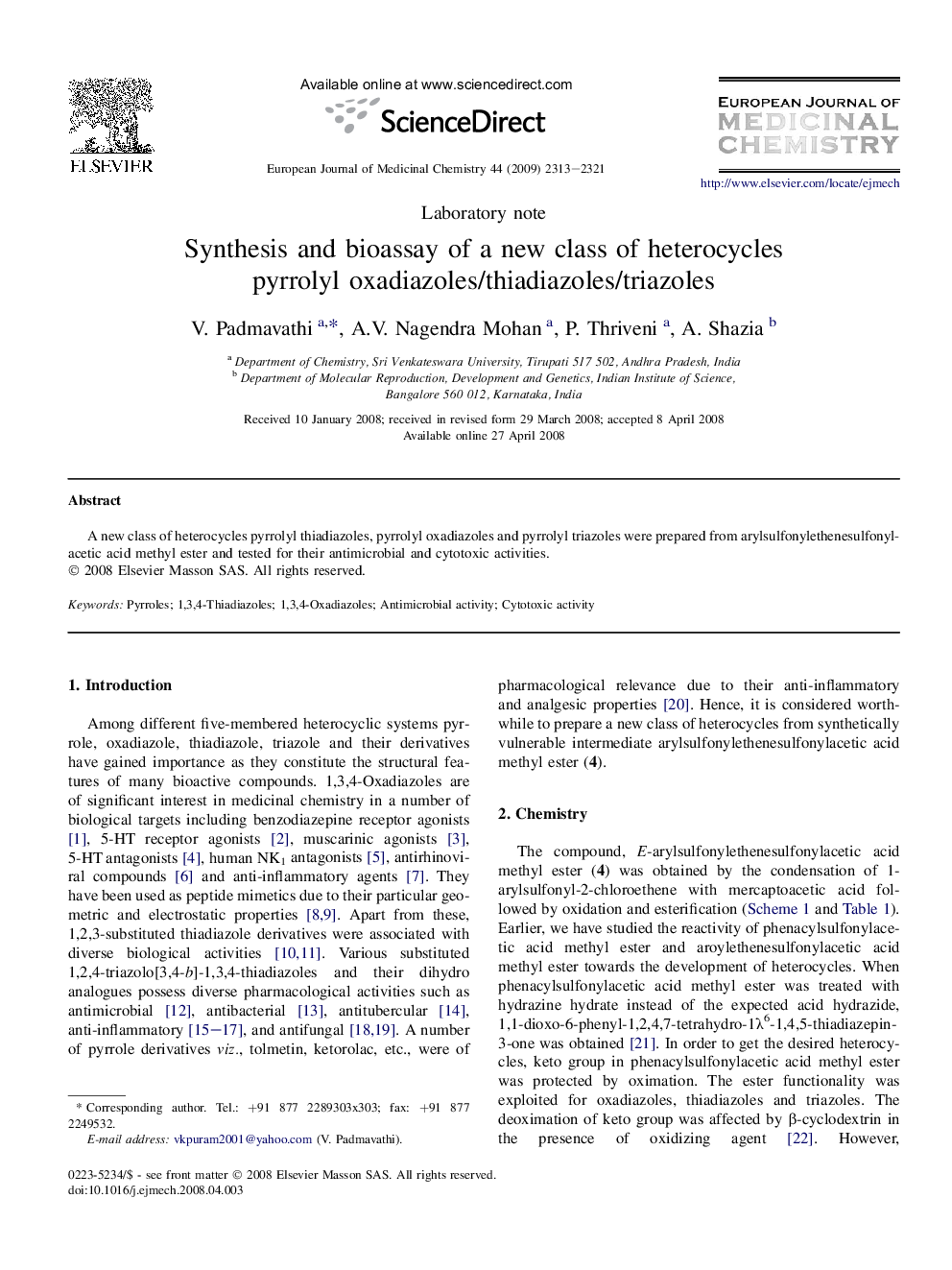 Synthesis and bioassay of a new class of heterocycles pyrrolyl oxadiazoles/thiadiazoles/triazoles