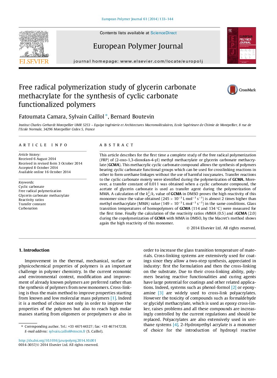 Free radical polymerization study of glycerin carbonate methacrylate for the synthesis of cyclic carbonate functionalized polymers