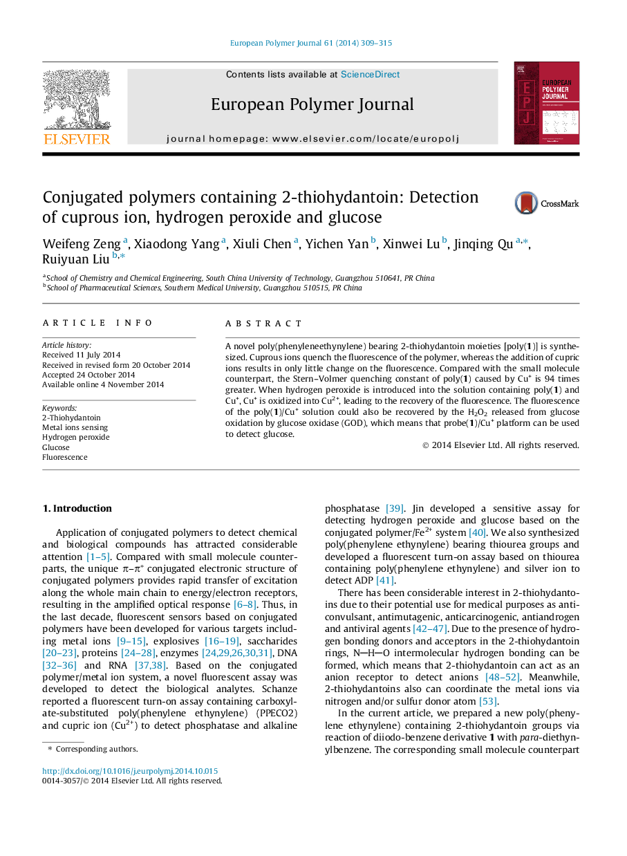 Conjugated polymers containing 2-thiohydantoin: Detection of cuprous ion, hydrogen peroxide and glucose