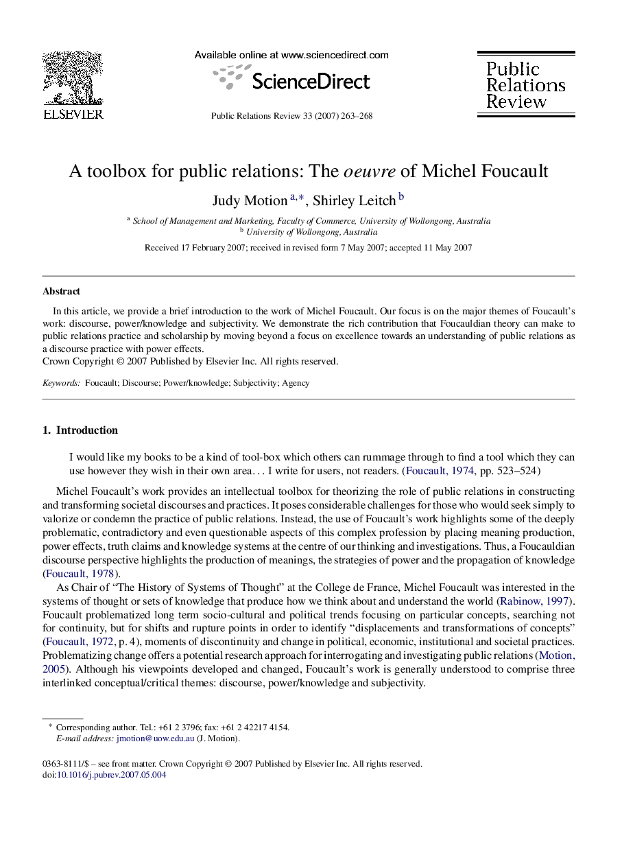 A toolbox for public relations: The oeuvre of Michel Foucault