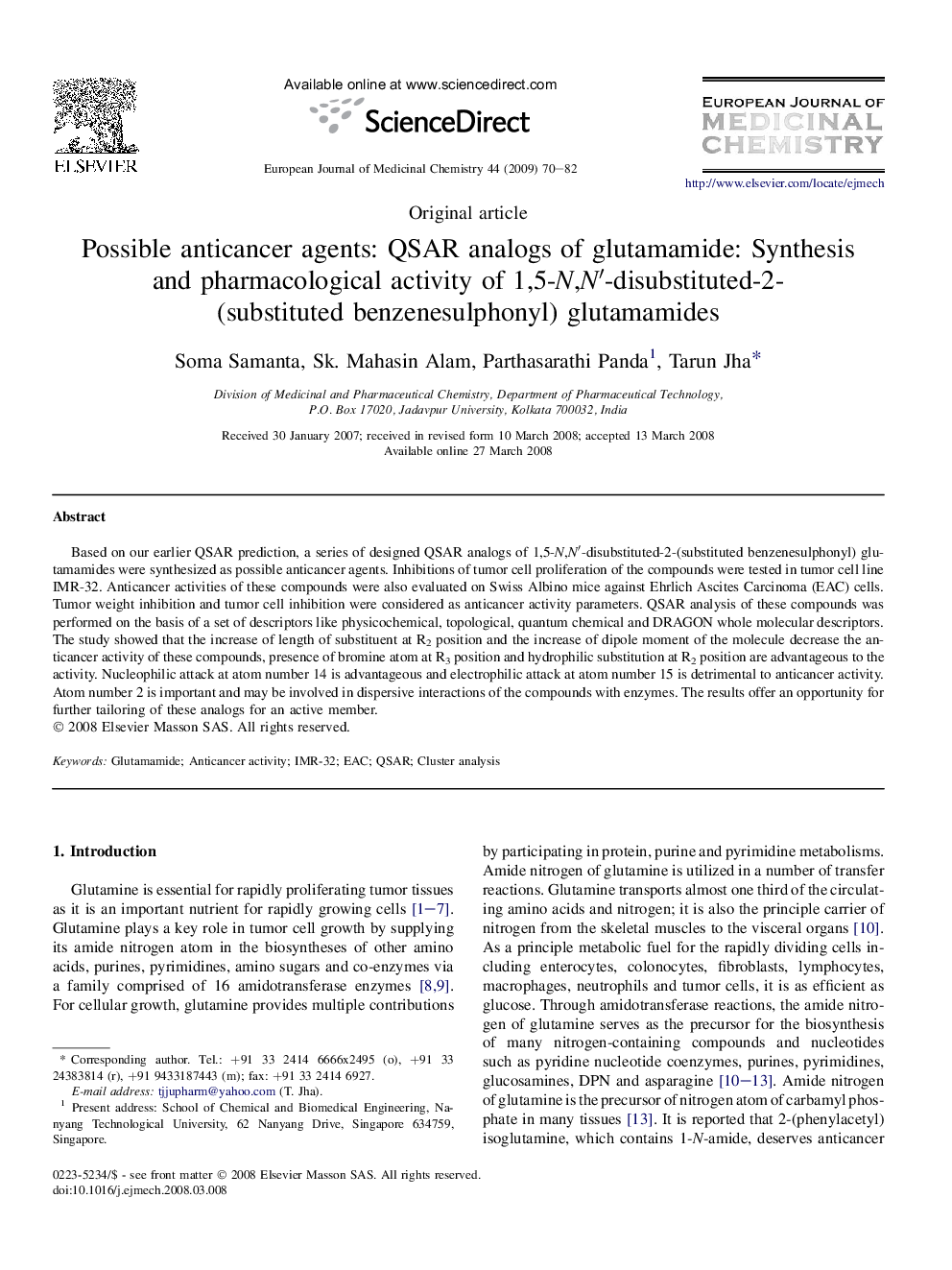 Possible anticancer agents: QSAR analogs of glutamamide: Synthesis and pharmacological activity of 1,5-N,Nâ²-disubstituted-2-(substituted benzenesulphonyl) glutamamides