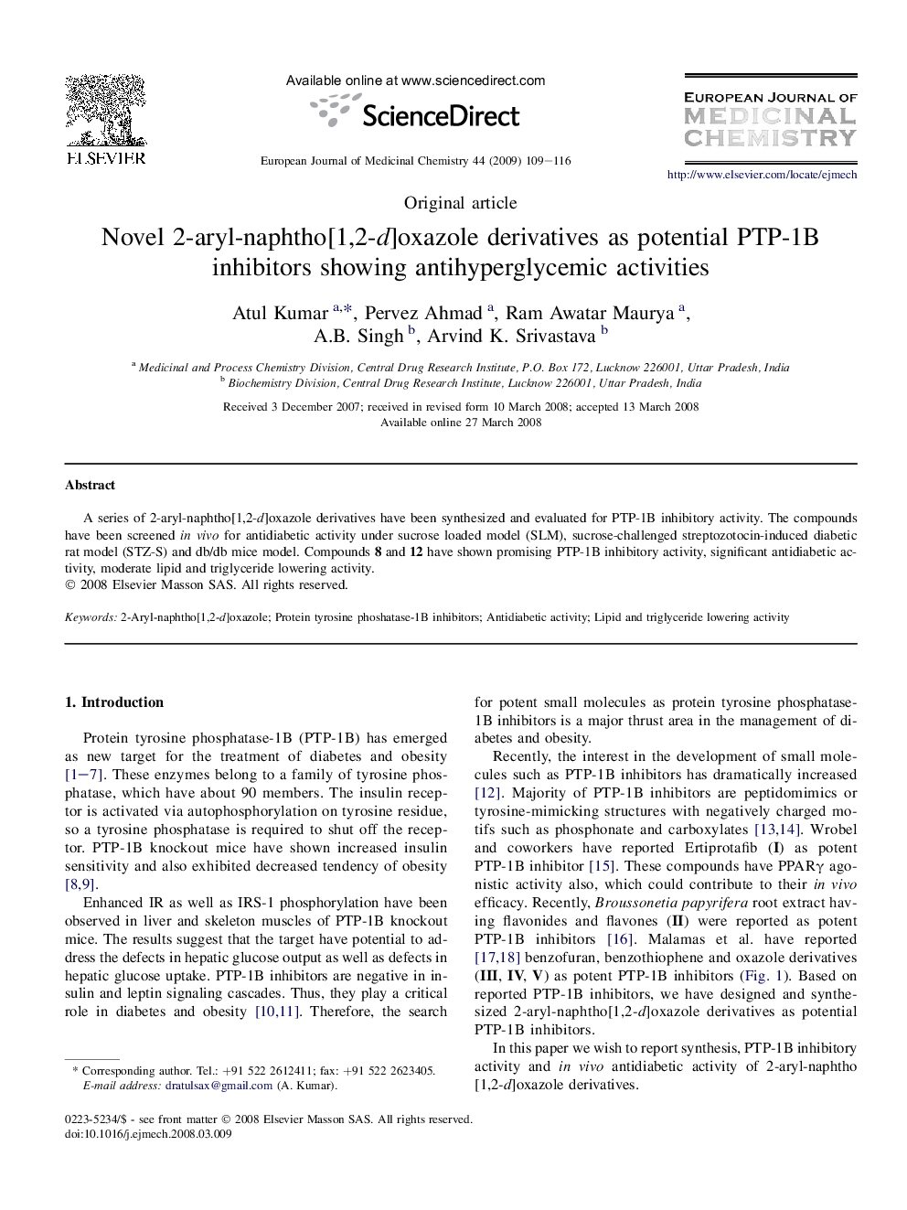 Novel 2-aryl-naphtho[1,2-d]oxazole derivatives as potential PTP-1B inhibitors showing antihyperglycemic activities