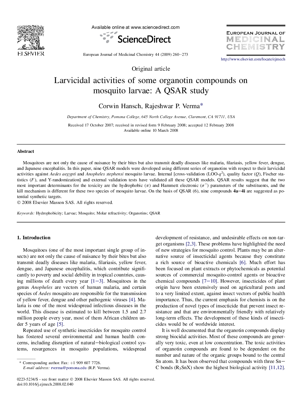 Larvicidal activities of some organotin compounds on mosquito larvae: A QSAR study