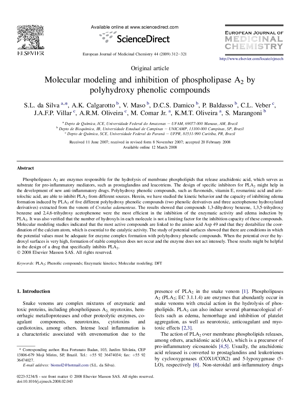 Molecular modeling and inhibition of phospholipase A2 by polyhydroxy phenolic compounds