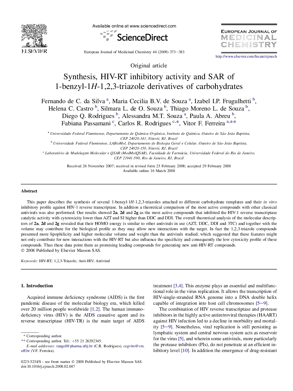 Synthesis, HIV-RT inhibitory activity and SAR of 1-benzyl-1H-1,2,3-triazole derivatives of carbohydrates