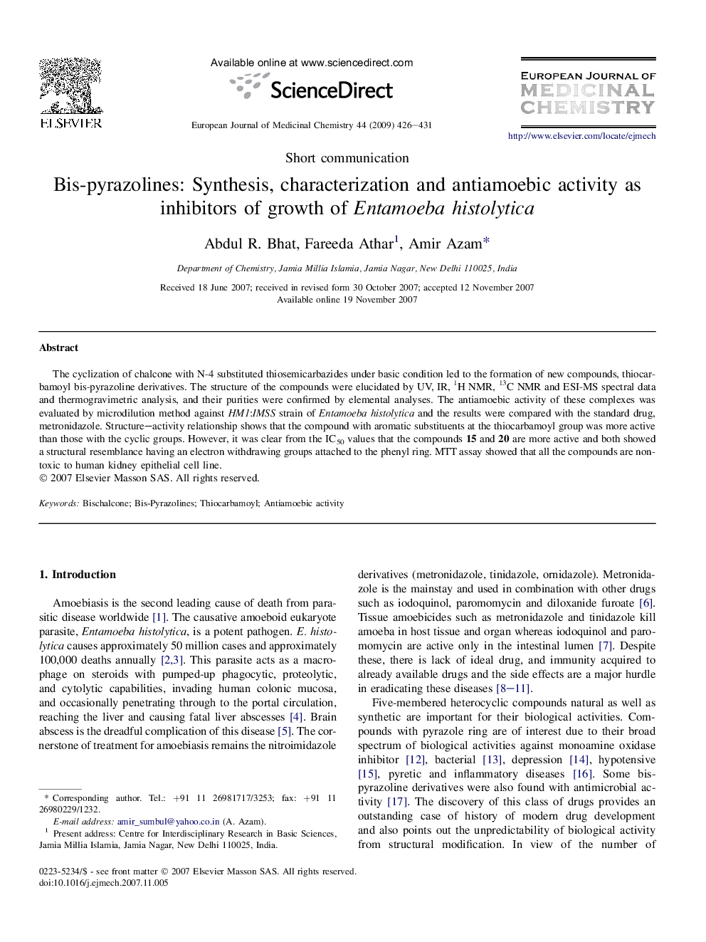 Bis-pyrazolines: Synthesis, characterization and antiamoebic activity as inhibitors of growth of Entamoeba histolytica