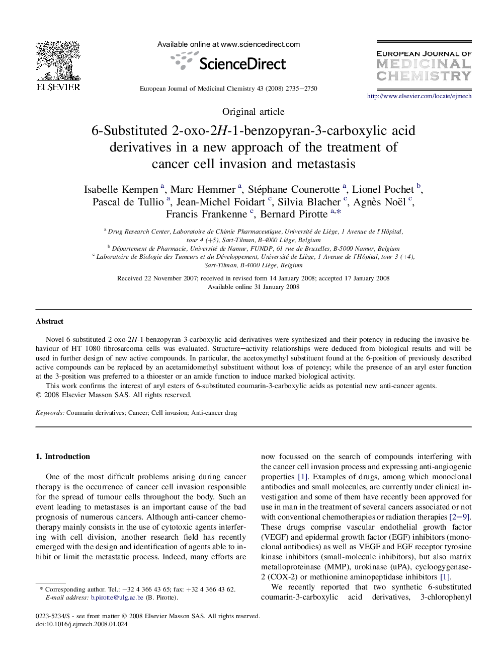 6-Substituted 2-oxo-2H-1-benzopyran-3-carboxylic acid derivatives in a new approach of the treatment of cancer cell invasion and metastasis