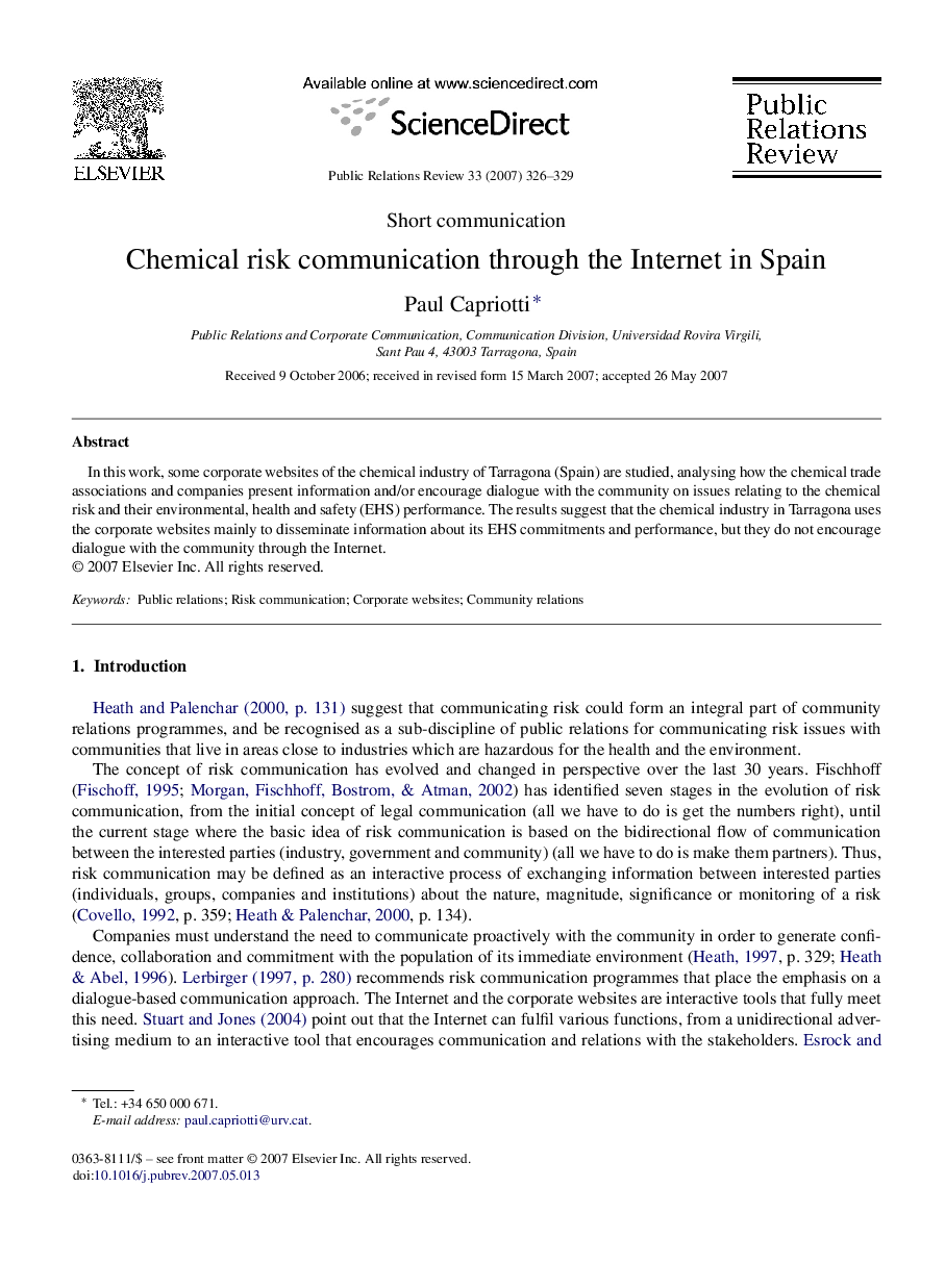 Chemical risk communication through the Internet in Spain