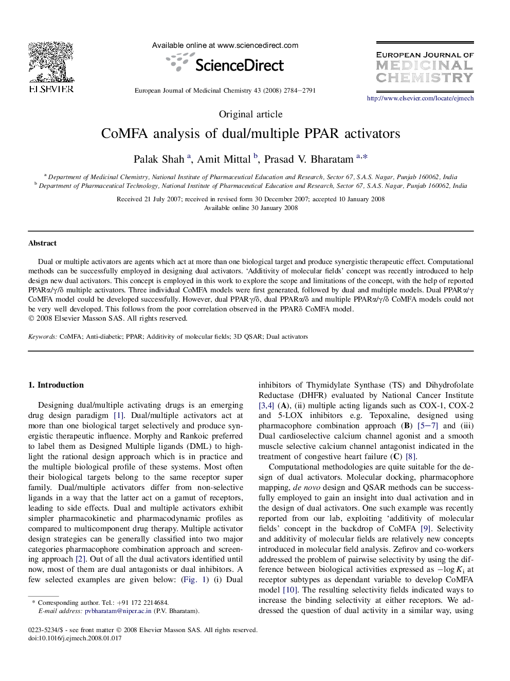 CoMFA analysis of dual/multiple PPAR activators